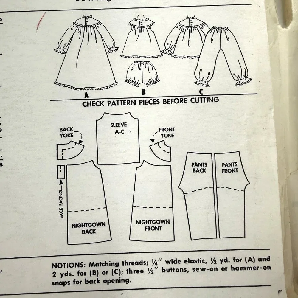 VTG McCalls 2189 Sewing Pattern Girls 1957 Nightgown Pajamas Shortie Size 12 OOP